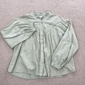 Sundance Boho Blouse Sage Green Cotton Dobby Stripe Ruffle Neck Top XL Womens